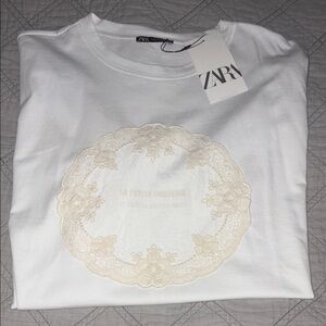 Zara White T-Shirt with Cream Lace Detail